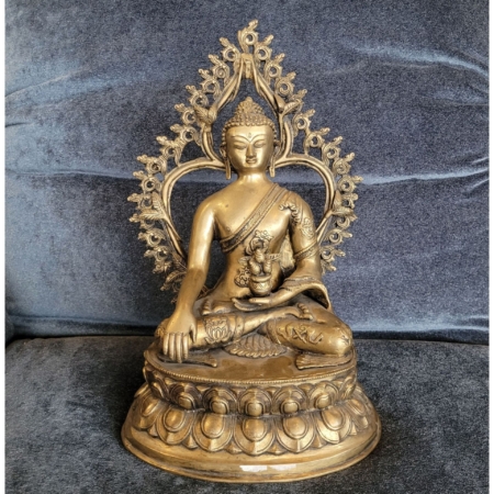 Messingfigur Shakyamuni Buddha mit Aura auf Lotusblüte